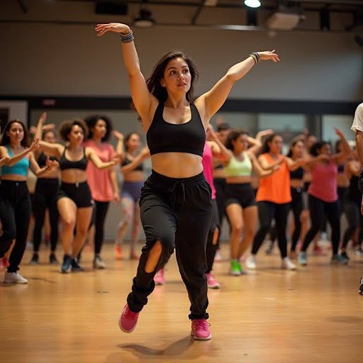 Woman practicing beginner Zumba moves at home
