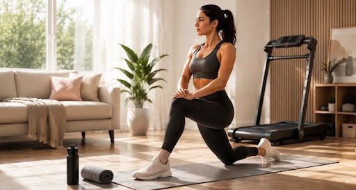 Woman relaxing during an online wellness class at home