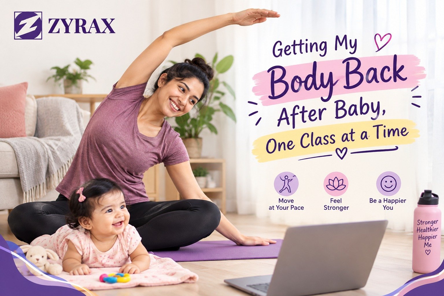 New mom doing an online Zumba class at home with her baby nearby