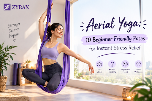 Woman practicing aerial yoga in a hammock for stress relief