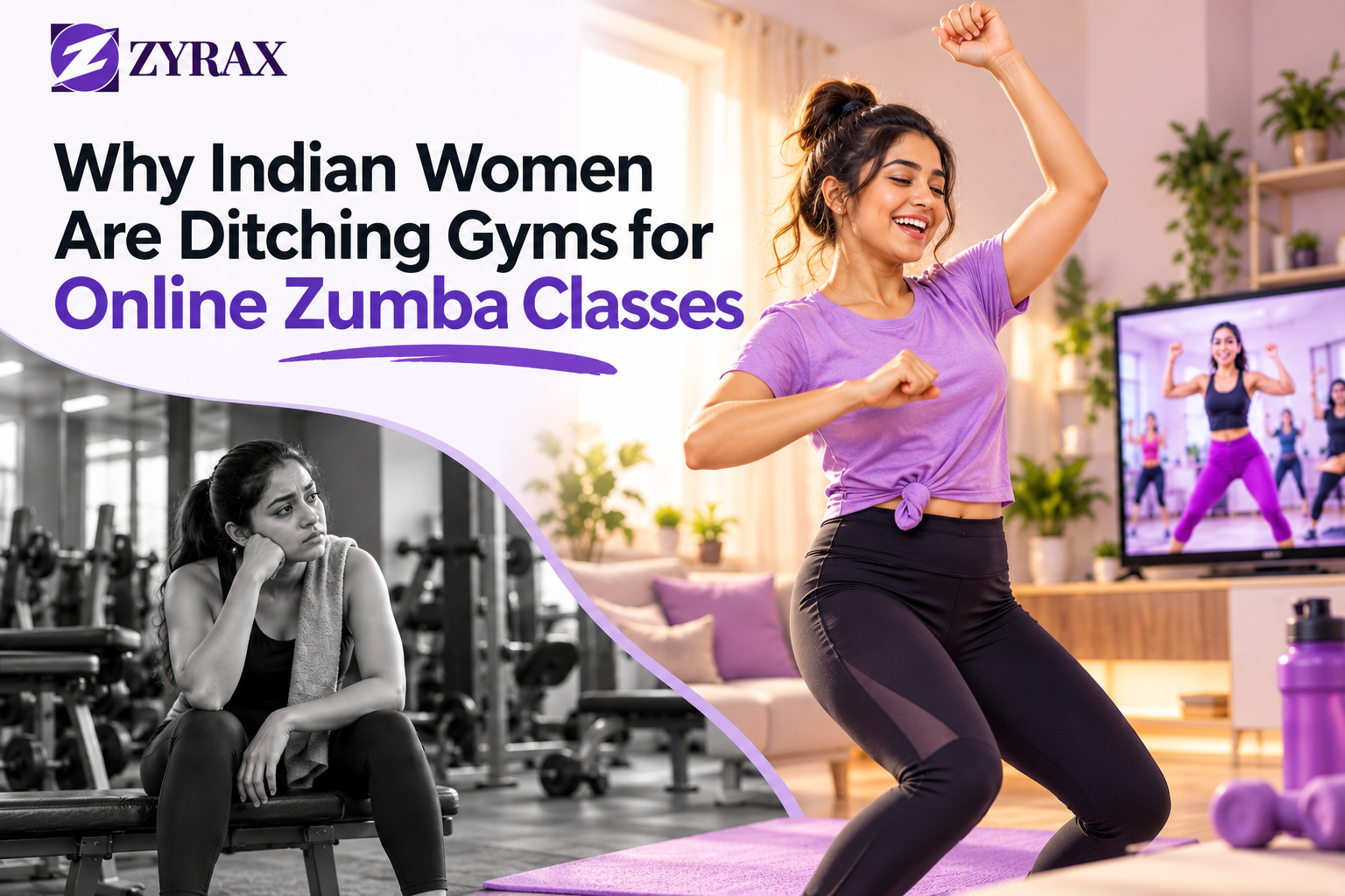 Woman choosing between an online Zumba class and a yoga class at home